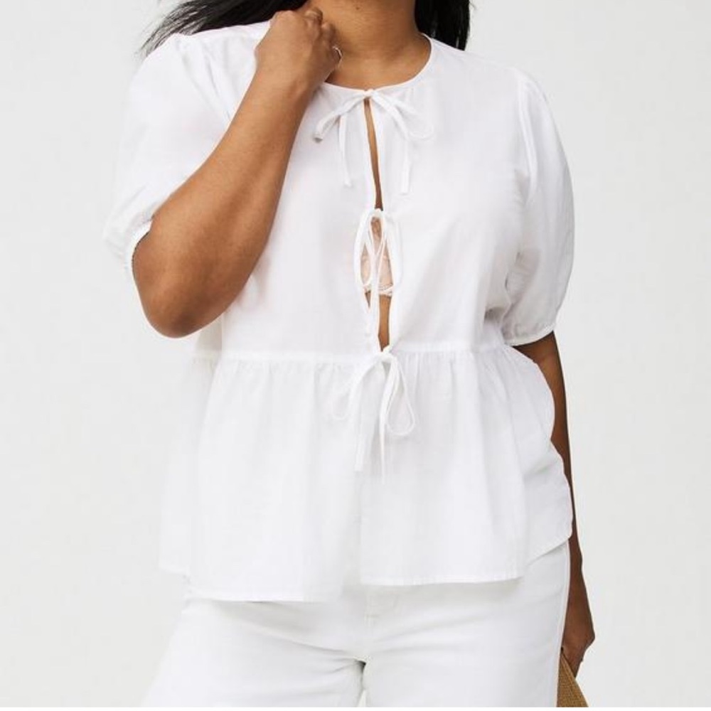 Torrid White Puff Sleeve Tie Front Peplum Blouse